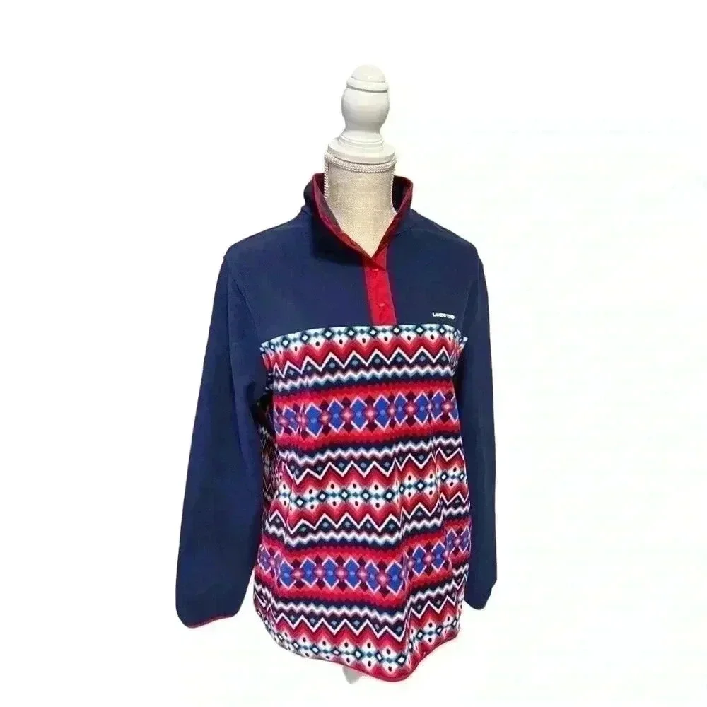 LANDS’ END UNISEX PULLOVER FLEECE SNAP NECK JACKET•SIZE MED MULTI COLORED